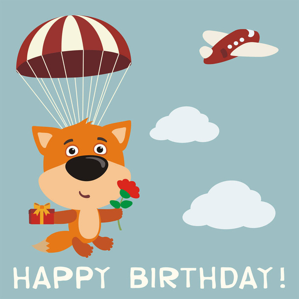 greeting card with cute funny cartoon character of fox flying on parachute with gift and flower in sky with text happy birthday - Вектор, зображення