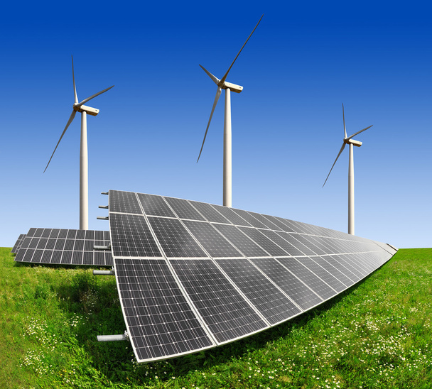panele energii słonecznej i turbina wiatrowa - Zdjęcie, obraz