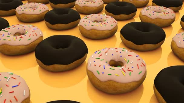 Sok üvegezett édes Donuts sorai felülete, modern édes háttér, 3d render, a számítógéppel generált - Felvétel, videó