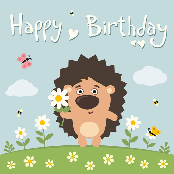 greeting card with cute funny cartoon character of hedgehog with flower on meadow and text Happy birthday - Vektor, kép