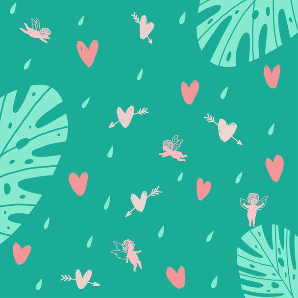 Seamless background with angels and hearts. Vector seamless with hearts and wings. Seamless pattern with angels and plants. Turquoise seamless pattern. - Vektor, obrázek
