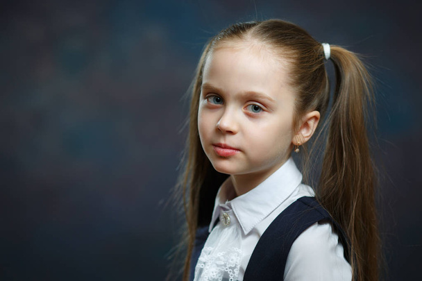 Smart Caucasian School Girl Close-up Portrait. Cute Beautiful Preschool Child Look Smart Education System Concept Isolated Front Camera Face Shot - Photo, Image