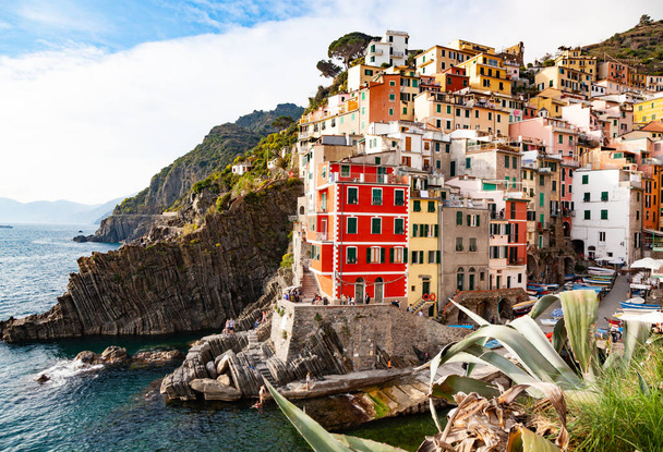 vue sur les maisons colorées le long du littoral de la région des Cinque Terre à Riomaggiore, Italie - Photo, image