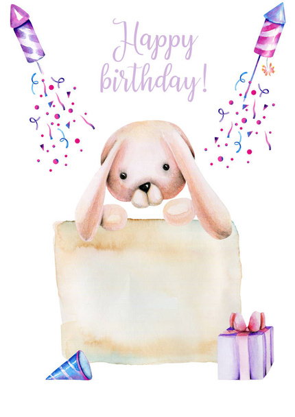 Verjaardag kaartsjabloon met aquarel konijn en banner voor uw tekst, hand getekende illustratie - Foto, afbeelding