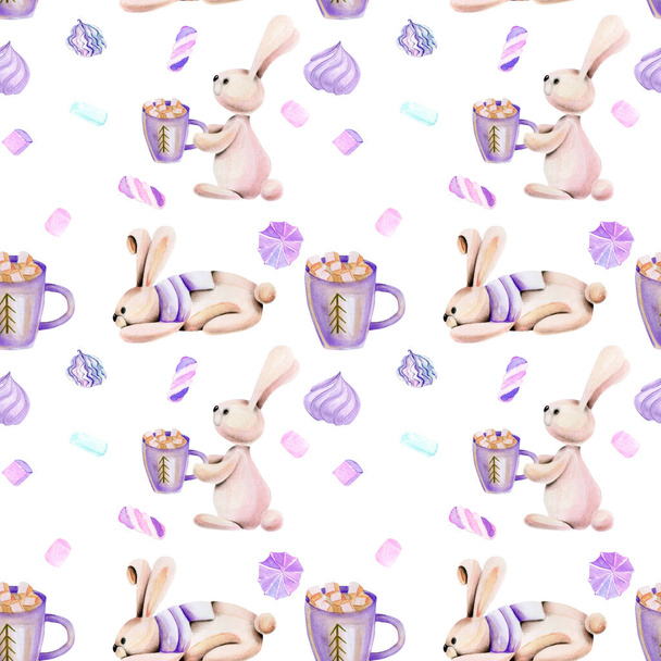 Seamless pattern with watercolor cute rabbits and marshmallow, hand drawn on a white background - Photo, Image