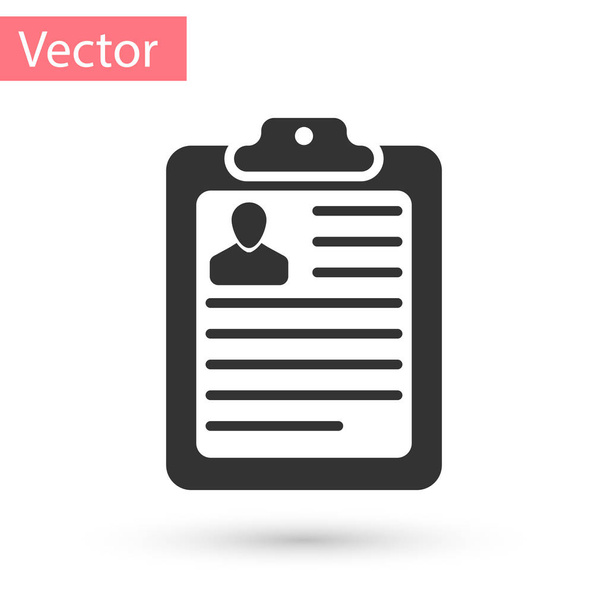 Grey Clipboard with resume and man silhouette icon isolated on white background. CV application. Curriculum vitae, job application form with profile photo concept. Vector Illustration - Vector, Image