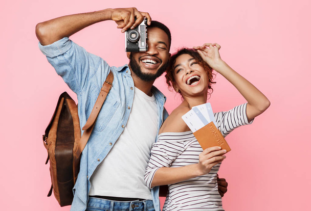 Happy african-american couple ready for vacation, crop - Photo, Image
