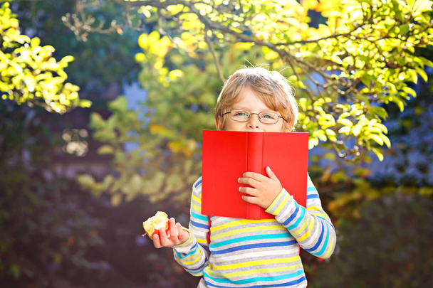 Happy little preschool kid boy with glasses, books, apple and backpack on his first day to school or nursery. Funny healthy child outdoors on warm sunny day, Back to school concept. Laughing boy. - Photo, Image