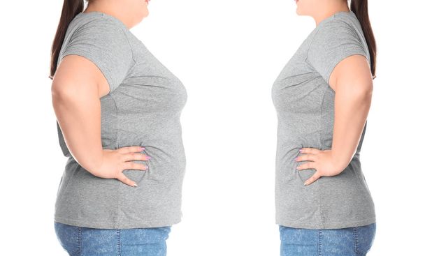 Overweight woman before and after weight loss on white background, closeup - Φωτογραφία, εικόνα
