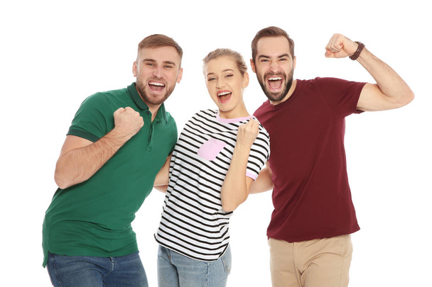 Young people celebrating victory on white background - Foto, imagen