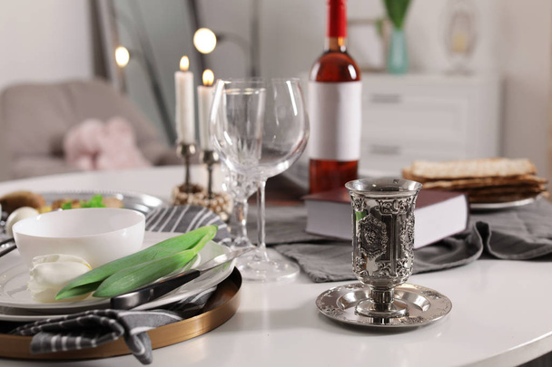Festive Passover table setting at home. Pesach celebration - Photo, Image
