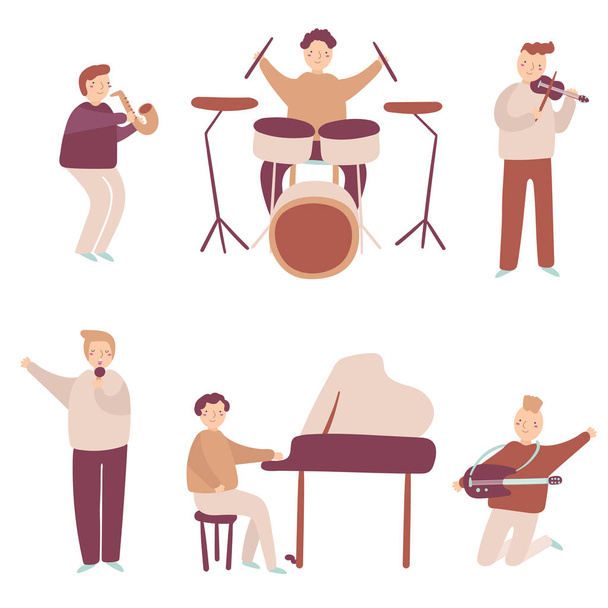 Conjunto de músicos incluindo saxofone, bateria, piano, guitarra, violino e cantor. Pessoas com instrumentos musicais
 - Vetor, Imagem