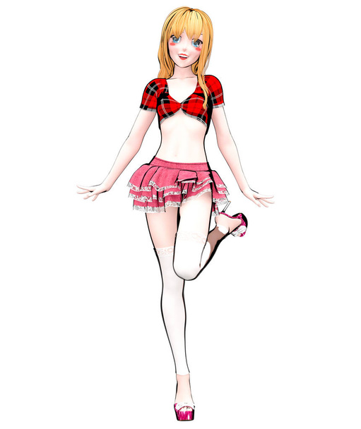 Sexy anime 3d doll japanese anime schoolgirl big blue eyes.Short red jeans skirt blouse.Cartoon, comics, sketch, drawing, manga illustration.Conceptual fashion art.Isolate illustration for popsocket - Zdjęcie, obraz