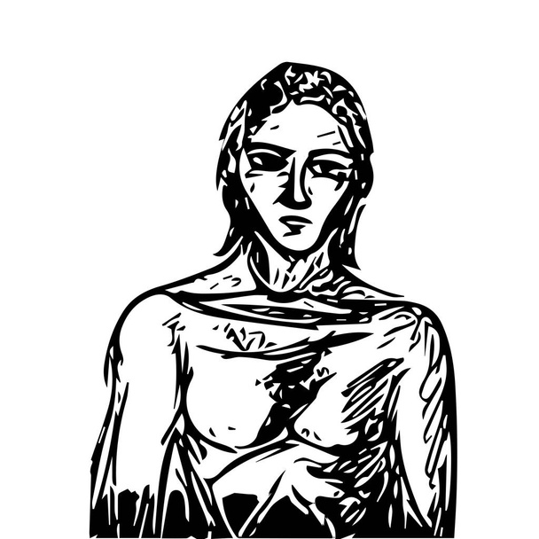 Portret van een man met lange haren. vector tekening met zwarte lijnen op wit geïsoleerde achtergrond. - Vector, afbeelding