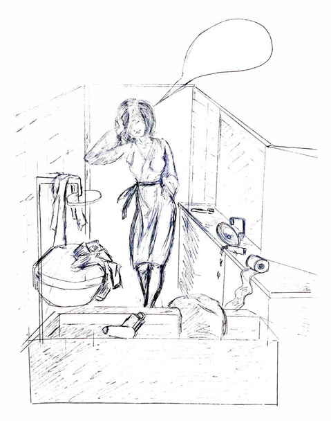 Крашеная домохозяйка для домашней работы. Изображение на белом фоне. Рисунок рисуется карандашом
. - Вектор,изображение