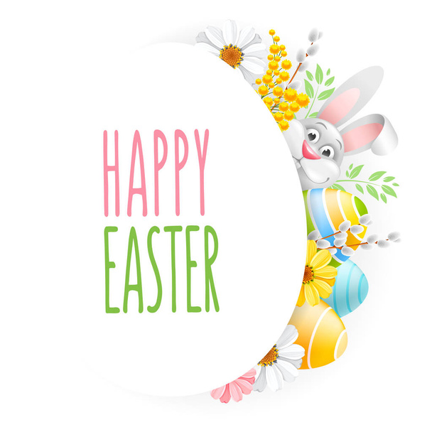 Greeting card design template for Easter holidays. Cute bunny, colored eggs and spring flowers create a festive cheerful mood. Vector illustration. Isolated on white background. - Vetor, Imagem