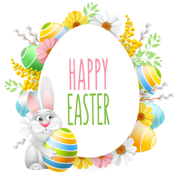 Greeting card design template for Easter holidays. Cute bunny, colored eggs and spring flowers create a festive cheerful mood. Vector illustration. Isolated on white background. - Vektor, obrázek