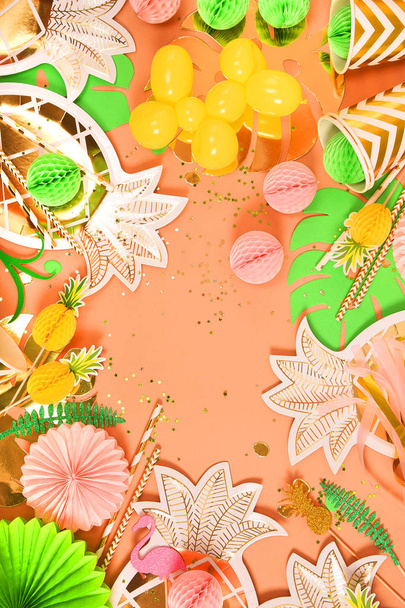 Festive background. Tropical theme. Summer. Hawaii. Party, birthday. View from above. Flat lay. - Photo, Image