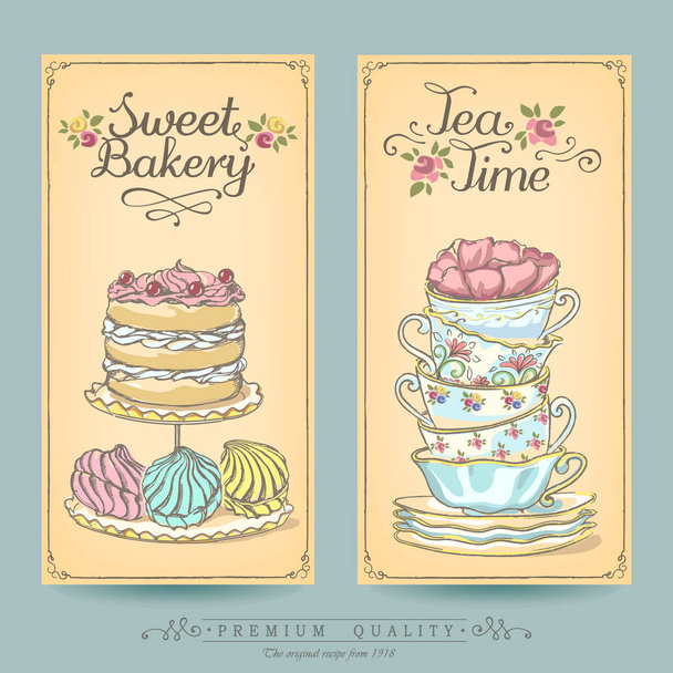 Tarjeta de recogida de pasteles y té. Carteles vintage de panadería, tienda de dulces o cafetería. Dibujo a mano alzada, boceto
 - Vector, Imagen