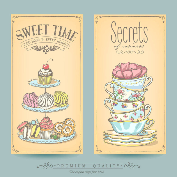 Karta kolekce pečivo a čaj. Retro plakáty pekárna cukrárna nebo kavárně. Od ruky kresby, skici - Vektor, obrázek