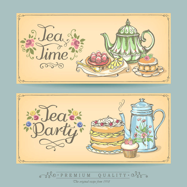 Herbatą i ciastami kolekcji kart. Vintage plakaty piekarnia słodki sklep, tea party lub kawiarni. Rysunku, szkicu odręcznego - Wektor, obraz