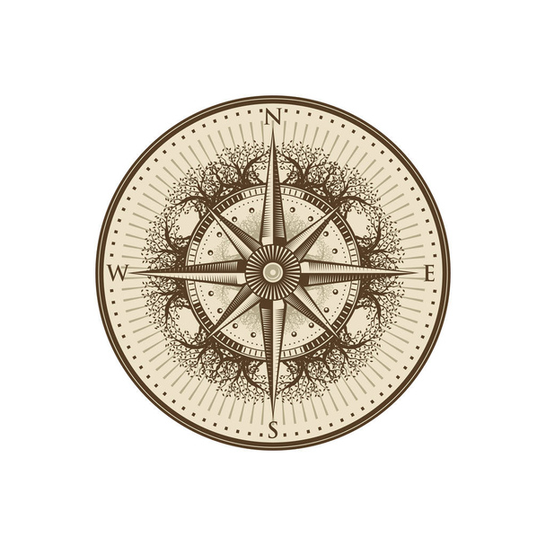 Wind Rose Compass in Retro Vintage Floral Tree - Vector, Image