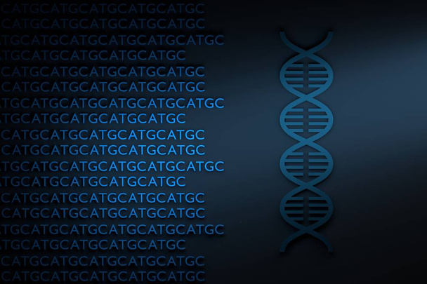 Concept van het rangschikken van Dna - Dna-helix met guanine adenine-thymine cytosine A T G C brieven. Beeld in het donker blauwe glanzende kleuren. 3D illustratie. - Foto, afbeelding