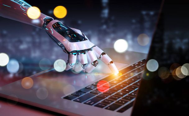 Robotic cyborg hand pressing a keyboard on a laptop 3D rendering - Фото, зображення