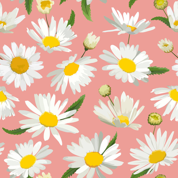 カモミールの花と花のシームレスなパターン。春夏用のデイジーの花の自然な背景デザイン壁紙、装飾、印刷。ベクトル図 - ベクター画像
