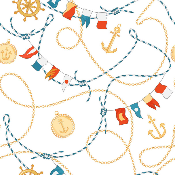Fashion Seamless Pattern with Golden Chains and Anchor for Fabric Design. Marine Background with Rope, Knots, Flags and Nautical Elements. Vector illustration - Vektör, Görsel