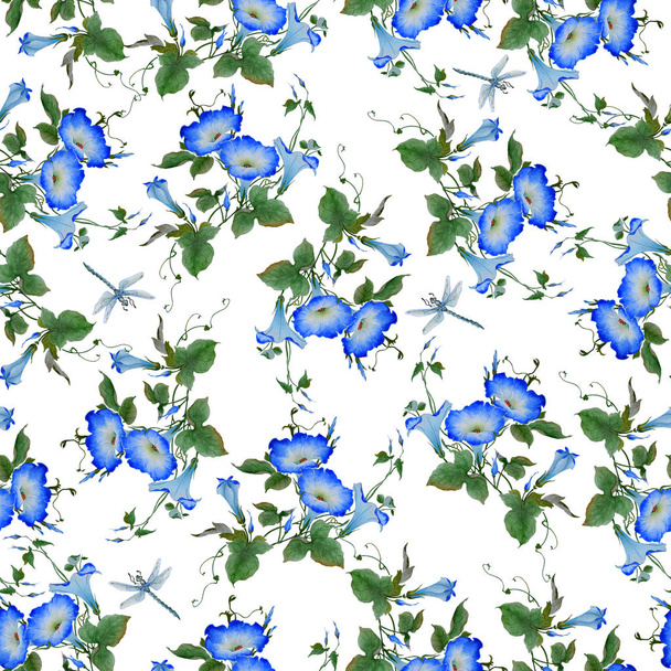 Watercolor pattern seamless with a flowering branch ipomoea. Beautiful blue flowers of morning glory, dragonflies are fly near. Hand drawn illustration. Wallpaper, fabric design, isolated on white background. - Photo, Image