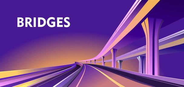 Vector horizontal image of an empty hearse city overpass viaduct bridge in orange purple colors. - Vector, Image