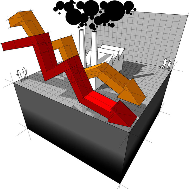 diagramme d'un bâtiment industriel ou factoriel avec deux flèches de diagramme d'affaires tombant
  - Vecteur, image