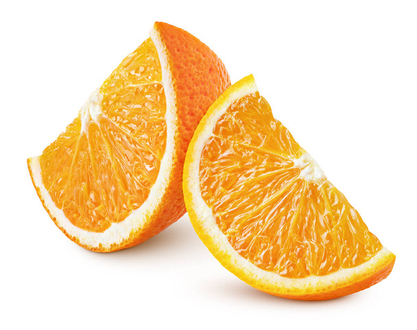 Standing ripe orange fruit slices isolated on white background. Orange slices with clipping path. Full depth of field. - Fotó, kép