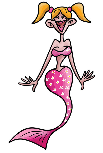 Cartoon mermaid with little white daisies on her tail vector illustration - Vector, Image