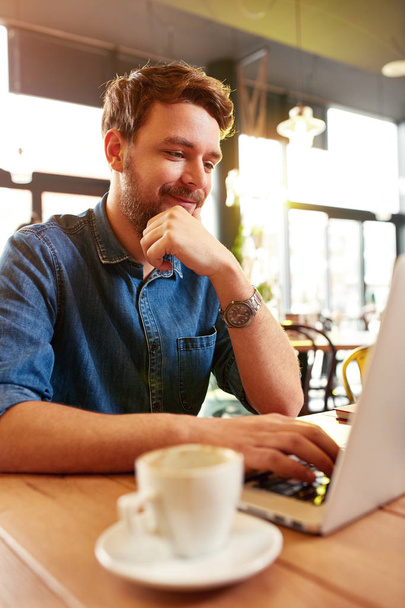 Handsome man work on laptop in cafe - Foto, imagen