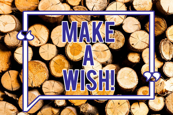 Text sign showing Make A Wish. Conceptual photo To have dreams desires about future events Be positive Wooden background vintage wood wild message ideas intentions thoughts. - Photo, Image