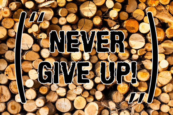 Word pisanie tekstu Never Give Up. Koncepcja biznesowa dla Keep próbuje aż Ci się uda wykonać cele marzenia drewniane tło vintage drewna wiadomość dzikie pomysły intencje myśli. - Zdjęcie, obraz