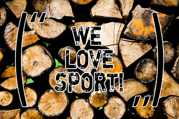 Wir lieben den Sport. Businesskonzept für eine Menge praktizierende sportliche sportliche Aktivitäten arbeiten aus Holz Hintergrund Vintage Holz wilde Nachricht Ideen Absichten Gedanken. - Foto, Bild