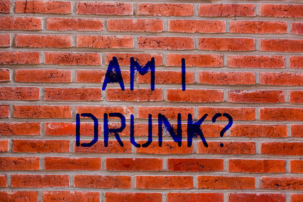 Text sign showing Am I Drunk. Conceptual photo Doubtful if my alcohol levels are high addiction alcoholism Brick Wall art like Graffiti motivational call written on the wall. - Photo, Image