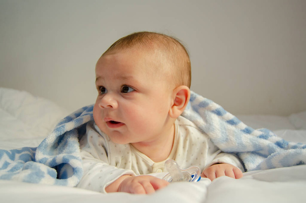 şirin 4 aylık erkek bebek beyaz yorgan mavi battaniye - sağlık ve mutlu çocukluk kavramı ile örtülü olarak karın vakit geçiriyor - Fotoğraf, Görsel
