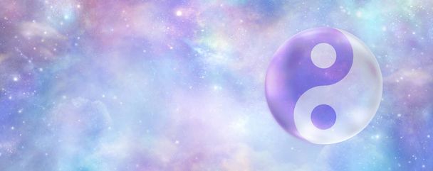Yin and Yang cosmic  background banner  -  heavenly celestial deep space background with a semi-transparent Yin Yang symbol on right side and copy space - Photo, Image