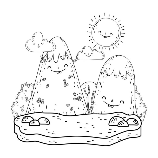 berg sneeuw en zon kawaii tekens - Vector, afbeelding