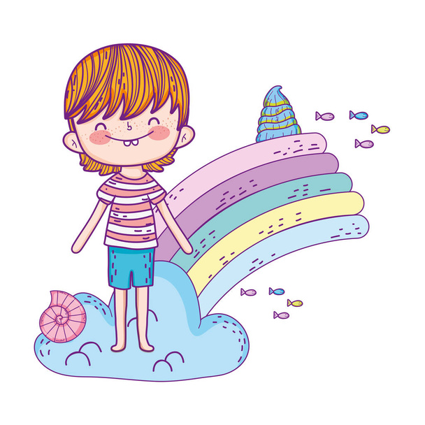 schattige kleine jongen met regenboog in wolken Characterdesign vector illustratie - Vector, afbeelding