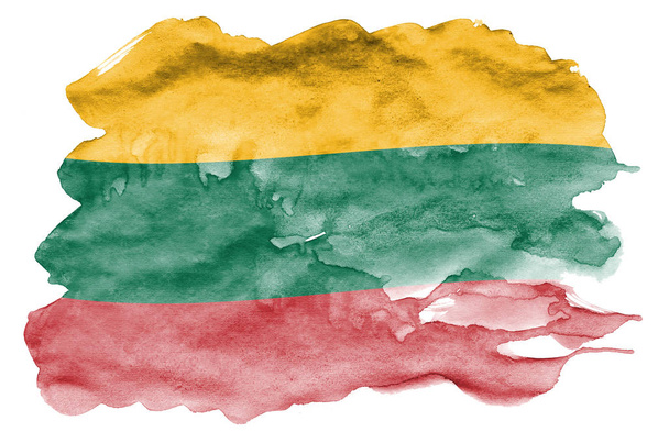 リトアニアの国旗は、白背景に分離された液体の水彩風に描かれています。国旗のイメージとシェーディングで不注意な塗料。独立記念日バナー - 写真・画像