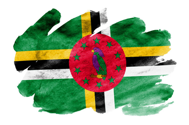Vlajky Dominika je líčen v tekutý akvarel styl izolovaných na bílém pozadí. Neopatrný Barva stínování s obrazem státní vlajky. Den nezávislosti nápis - Fotografie, Obrázek