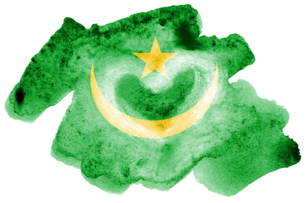 Σημαία της Μαυριτανίας απεικονίζεται σε υγρό στυλ υδροχρώματος που απομονώνονται σε λευκό φόντο. Απρόσεκτος χρώμα σκίασης με την εικόνα της εθνικής σημαίας. Ημέρα ανεξαρτησίας banner - Φωτογραφία, εικόνα