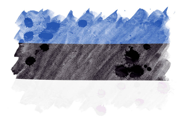 Észtország zászló ábrázolt folyékony akvarell stílusú elszigetelt fehér background. Gondatlan festék árnyékolás, kép a nemzeti zászlót. Függetlenség napja banner - Fotó, kép