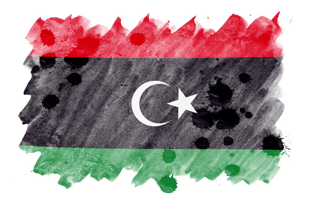 La bandera de Libia se representa en estilo acuarela líquida aislada sobre fondo blanco. Sombreado de pintura descuidado con imagen de bandera nacional. Banner Día de la Independencia
 - Foto, imagen