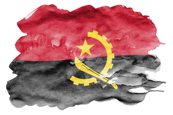 Angola flag  is depicted in liquid watercolor style isolated on white background. Careless paint shading with image of national flag. Independence Day banner - Photo, Image